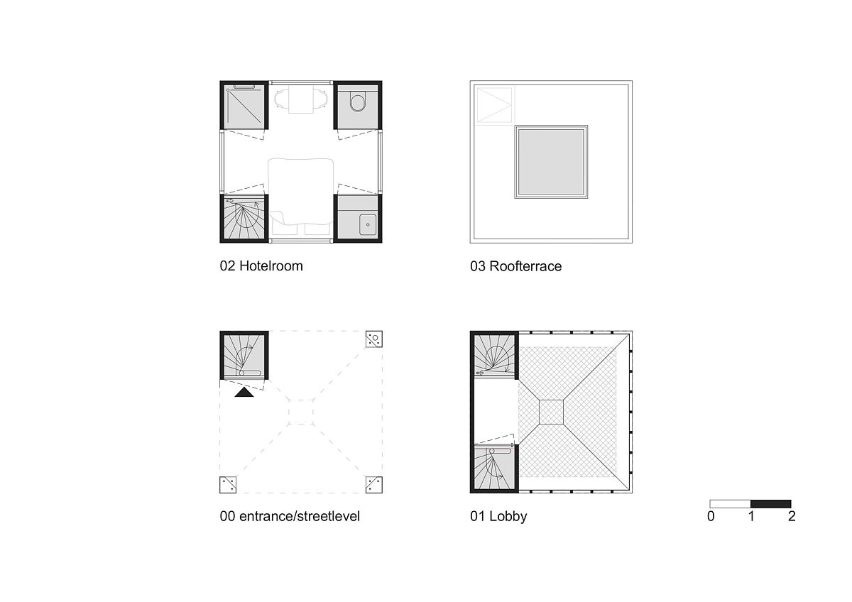 plans Lucy Cube Micro Hotel / Open Architects